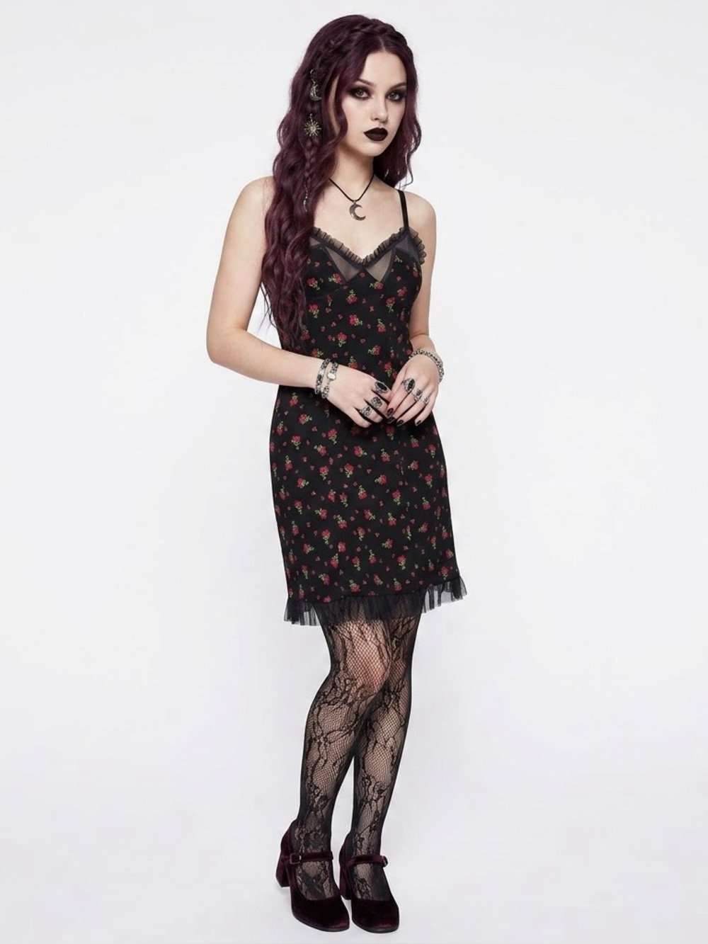 Victoria’s Secret Rose Print Slip Dress Sheer Mesh Ruffle Whimsigoth Y2K Witchy